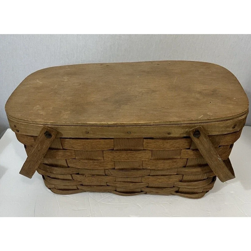Vintage Basketville Putney Vermont Woven Wood Splint Picnic Basket With Lid